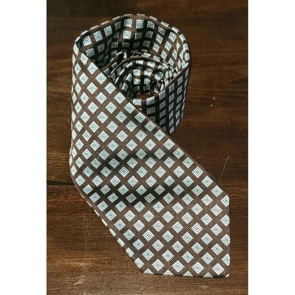 Brooks Brothers 346 100% Silk Brown Blue Geometric Tie Made in USA